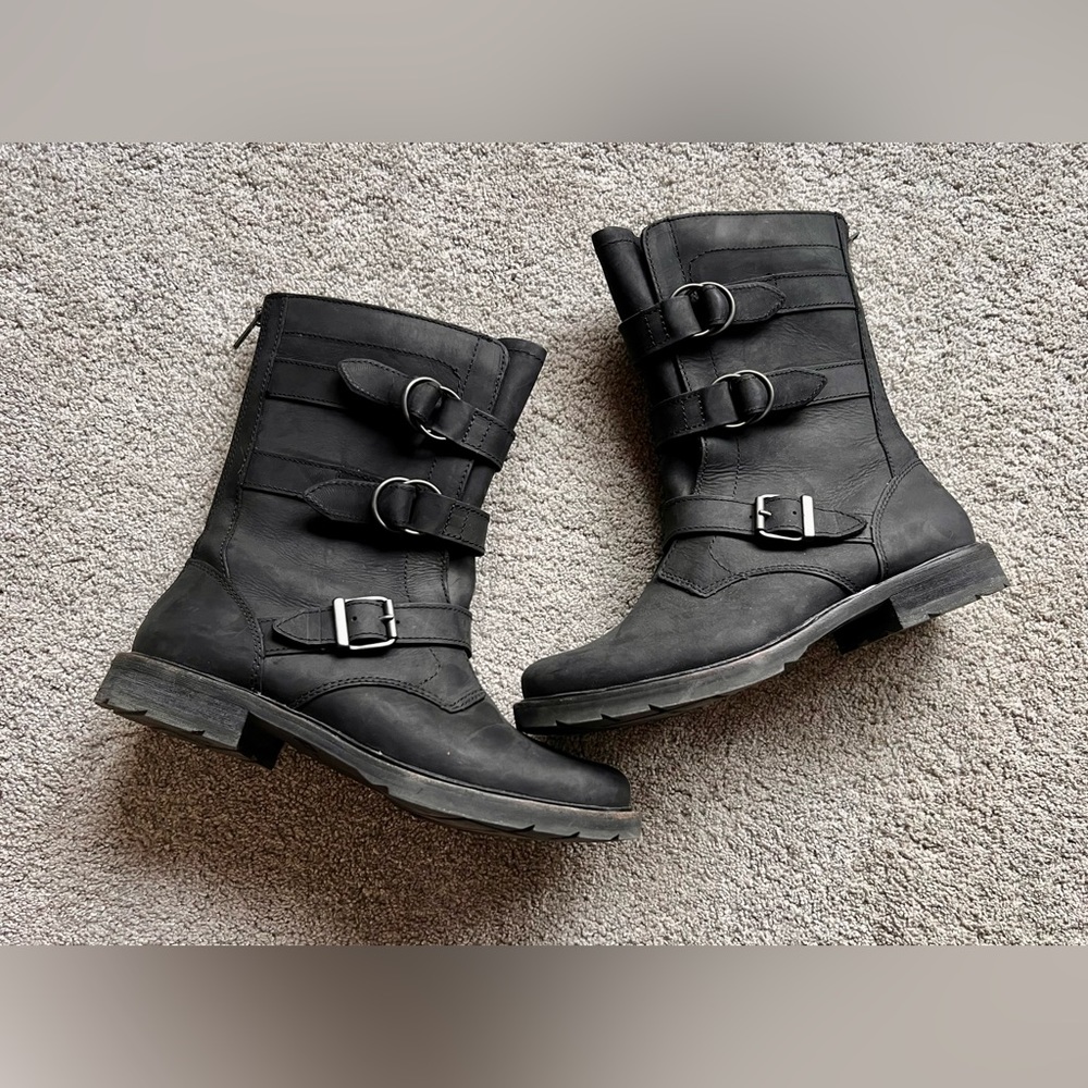 LL Bean Old Port Women’s Size 10 Boots Black Mid Moto Combat Leather Zip Buckle
